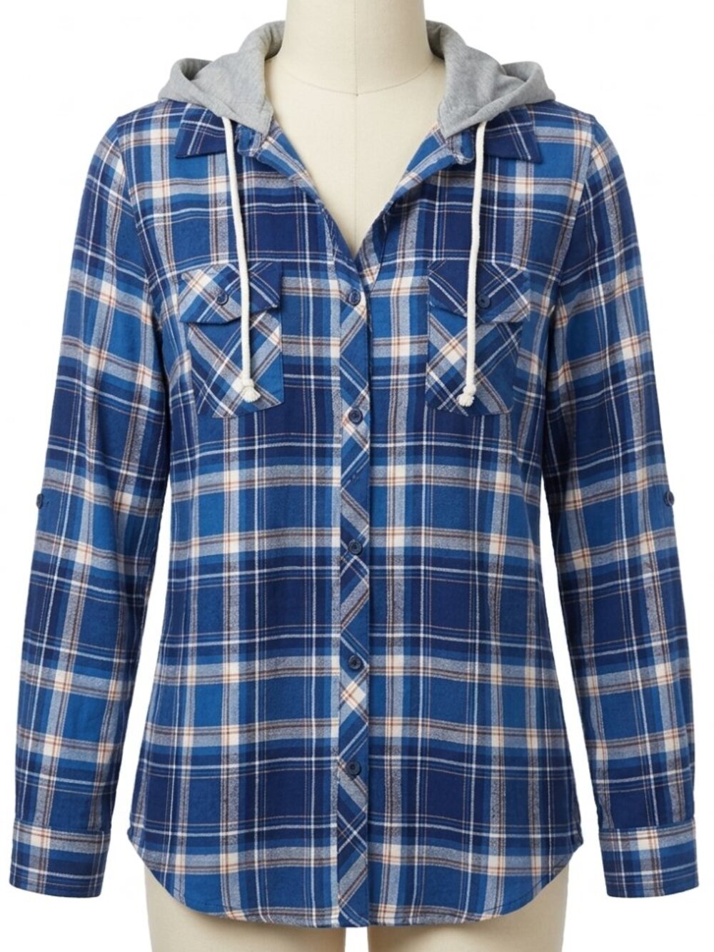 Polly & Esther Blue Plaid Hooded Button Down Flannel Shirt - Size XL NWT